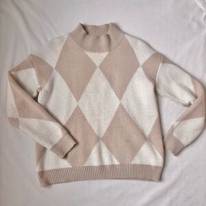 Argyle Mock-Neck Sweater, Cream & Tan, Size Small